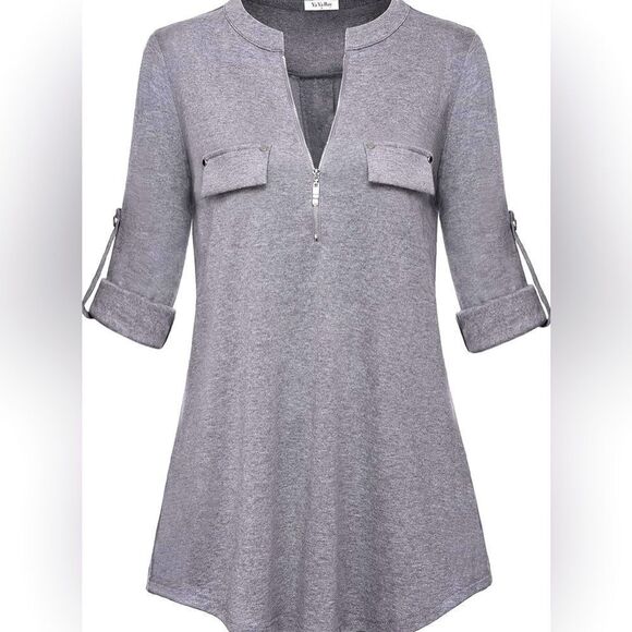 YaYa Bay Women's Long Sleeve Roll-Up Sleeve Zip Up Casual Shirt Blouse Tops - Picture 1 of 12